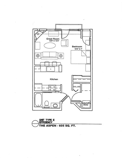 A drawing of a floor plan for a unit type E efficiency apartment.